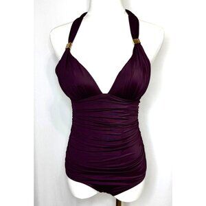 Victorias Secret Swimsuit  Size S Small Ruched Plum One Piece Halter Gold Detail